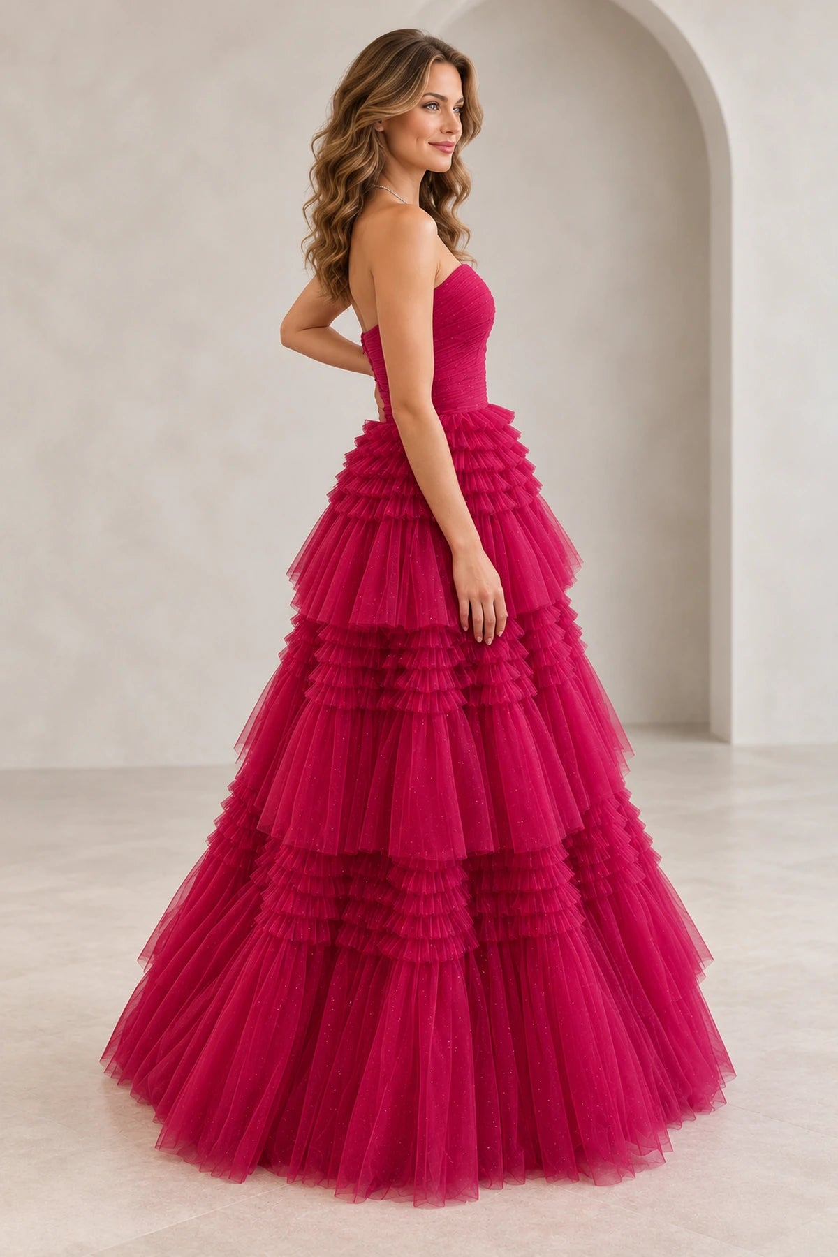 Glamorous Glitter Tulle A-Line Straight Neck Strapless Zipper Back Floor Length Prom Dress