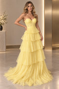 Dreamy Glitter Tulle A-Line Sweetheart Strapless Corset Back Floor Length Prom Dress