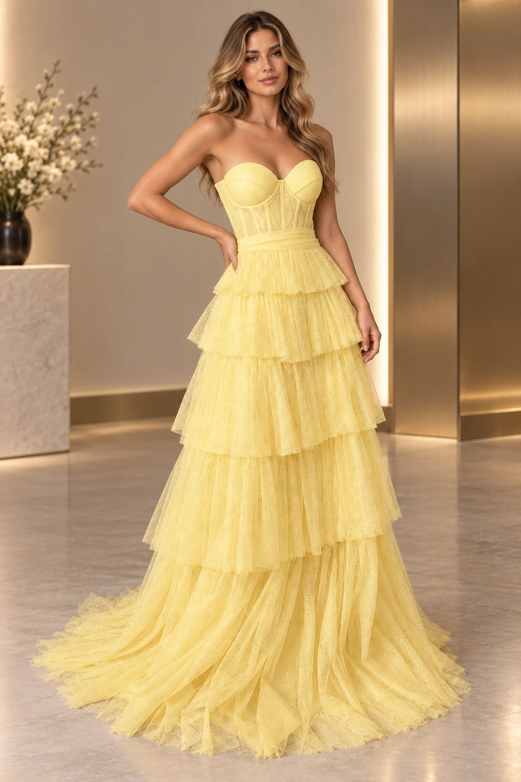 Dreamy Glitter Tulle A-Line Sweetheart Strapless Corset Back Floor Length Prom Dress