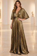 Gold metallic A-line Mother of the Bride Dress with deep V-neck and cape sleeves