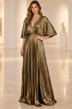 Gold metallic A-line Mother of the Bride Dress with deep V-neck and cape sleeves