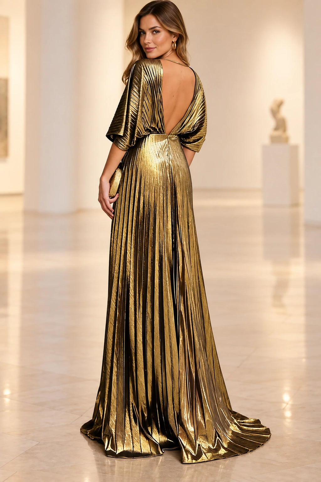 Gold metallic Mother of the Bride Dress with low V-back and flowing cape sleeves