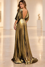 Gold metallic Mother of the Bride Dress with low V-back and flowing cape sleeves