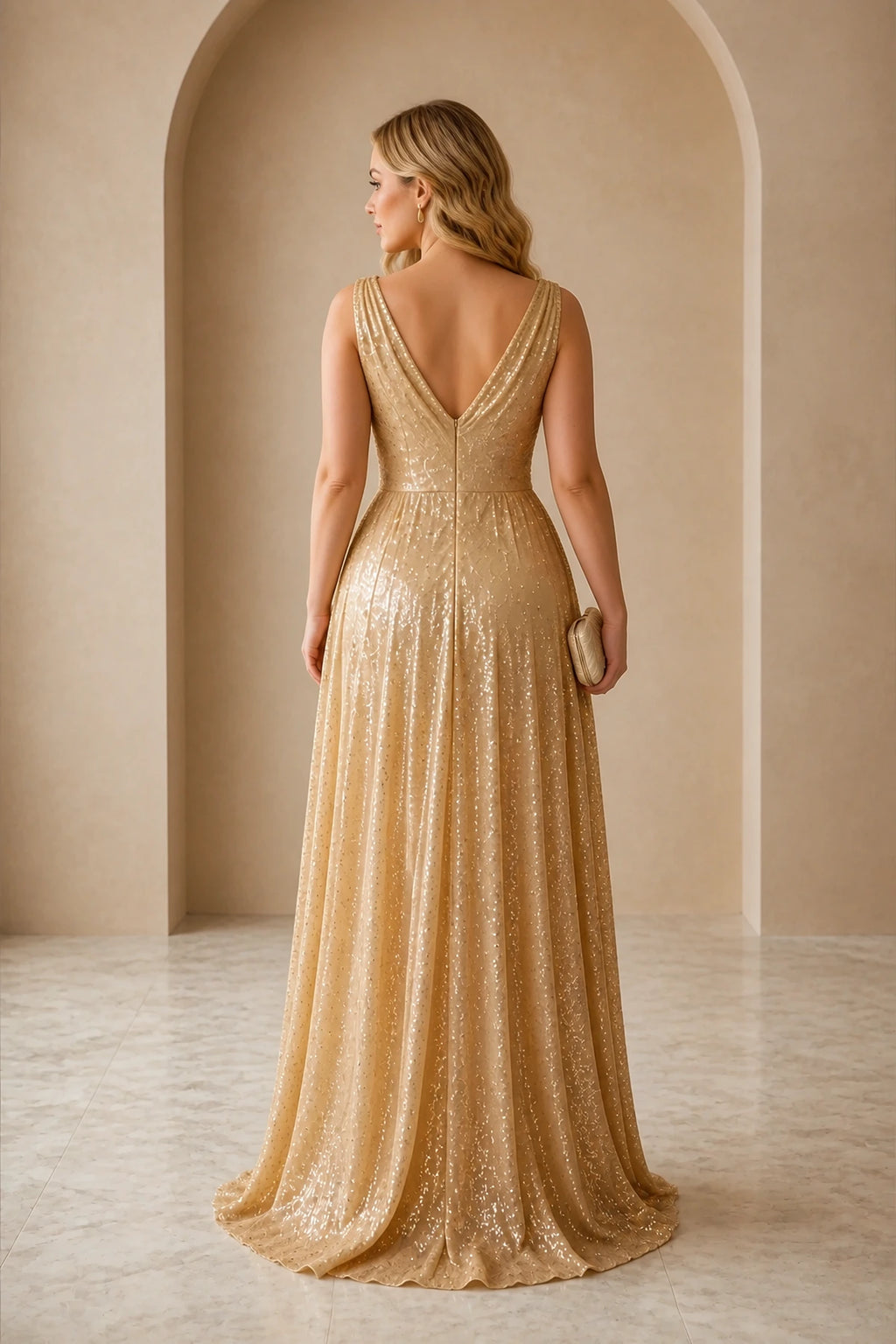 Gold sequin sleeveless V-back floor-length wedding guest dress back view
