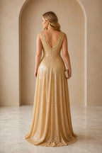 Gold sequin sleeveless V-back floor-length wedding guest dress back view