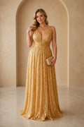 Gold sequin A-line V-neck sleeveless floor-length wedding guest dress front view