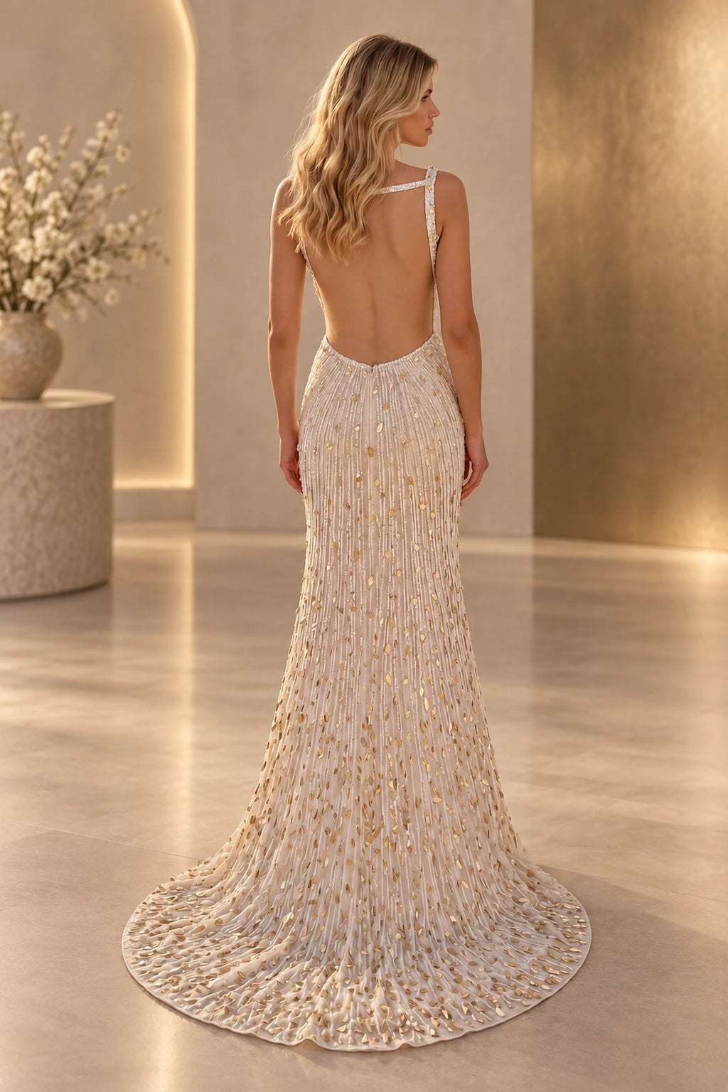 Striking Column V Neck Sleeveless Open Back Long Prom Dress