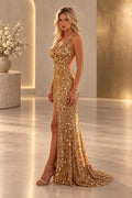 Gold sequin column prom dress with plunging V neck side cutouts and slit