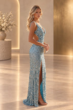 Striking Column V Neck Sleeveless Open Back Long Prom Dress
