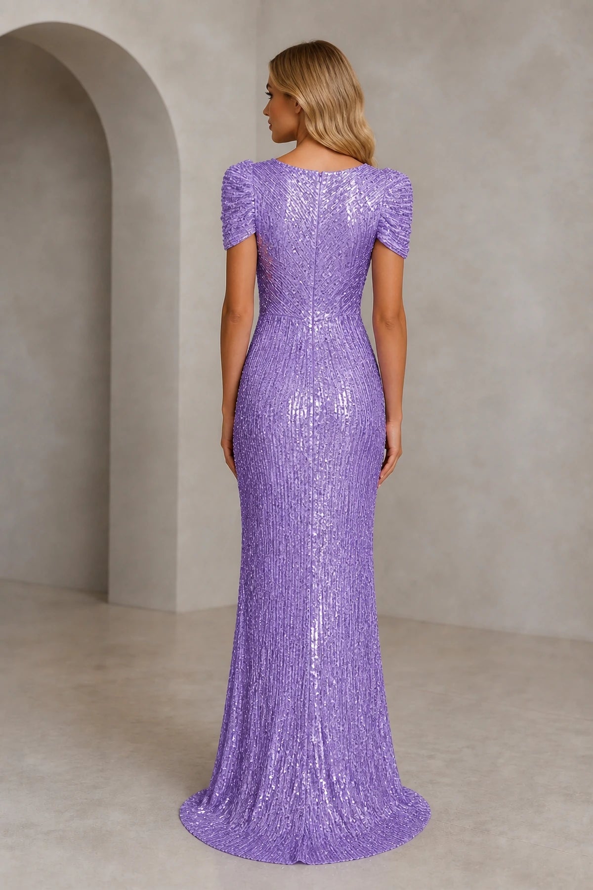 Radiant Sheath Scoop Neck Short-Sleeve Closed-Back Floor-Length Evening Dress