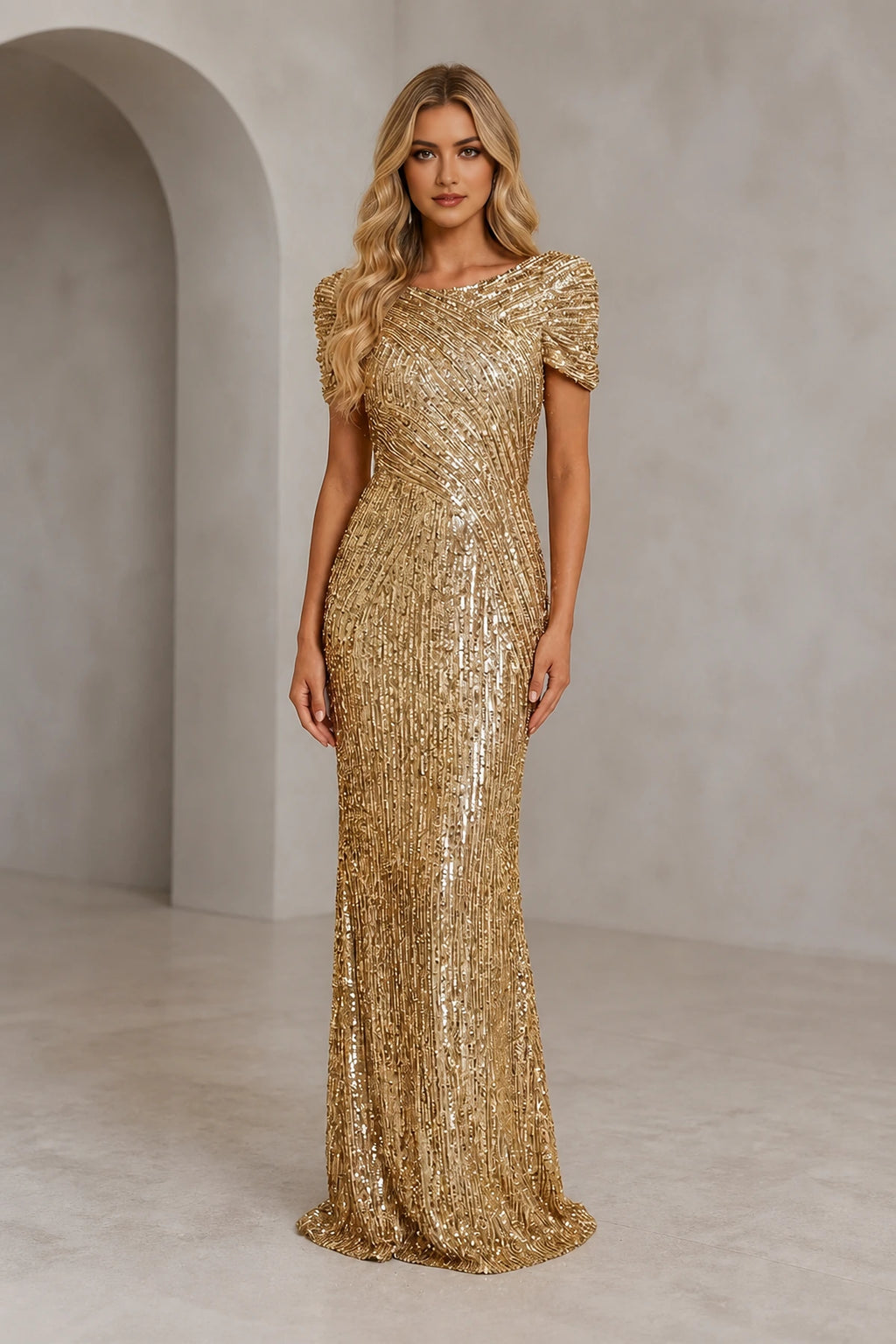 Gold sequin evening dress with scoop neckline, short sleeves, fitted silhouette and floor-length hem