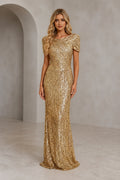 Gold sequin evening dress with scoop neckline, short sleeves, fitted silhouette and floor-length hem
