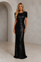Radiant Sheath Scoop Neck Short-Sleeve Closed-Back Floor-Length Evening Dress