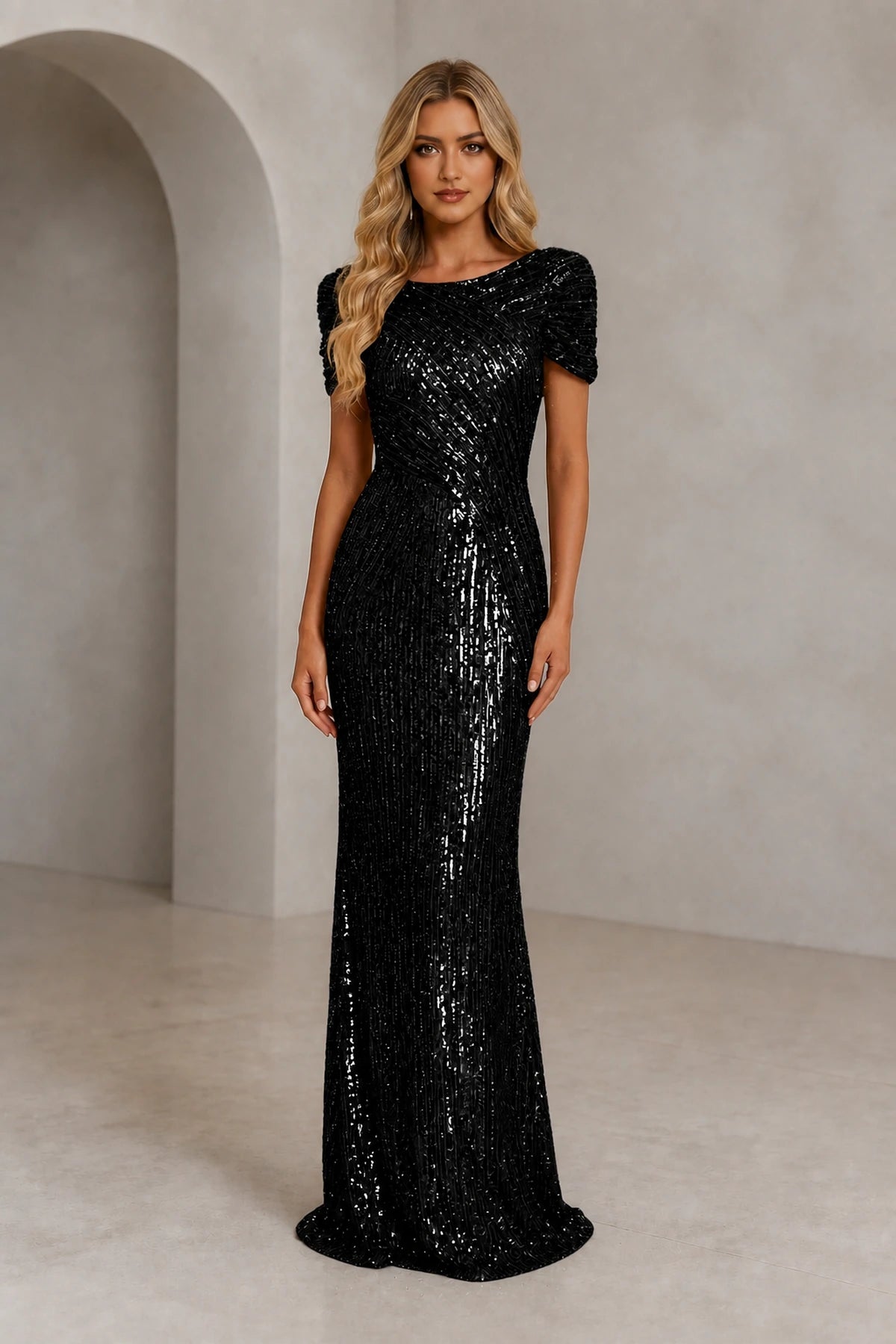 Radiant Sheath Scoop Neck Short-Sleeve Closed-Back Floor-Length Evening Dress