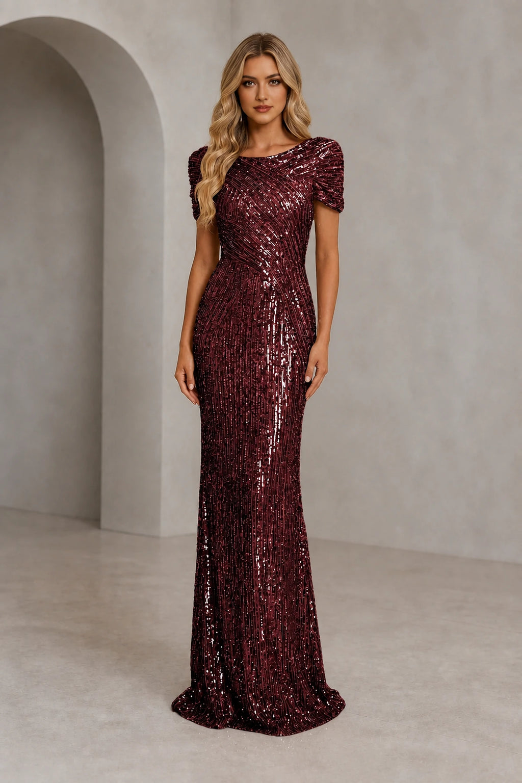 Radiant Sheath Scoop Neck Short-Sleeve Closed-Back Floor-Length Evening Dress