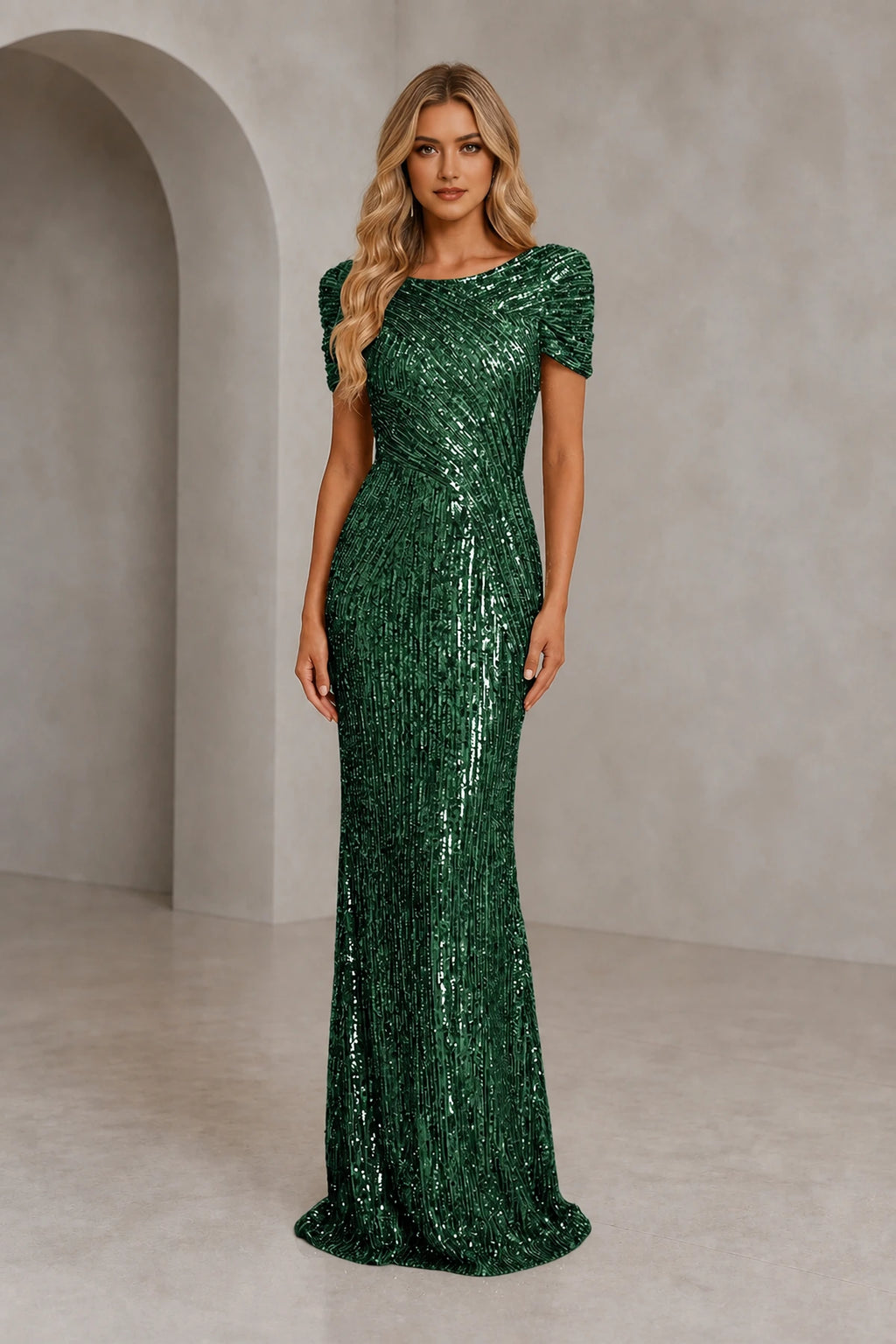 Radiant Sheath Scoop Neck Short-Sleeve Closed-Back Floor-Length Evening Dress