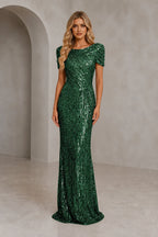 Radiant Sheath Scoop Neck Short-Sleeve Closed-Back Floor-Length Evening Dress