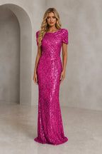 Radiant Sheath Scoop Neck Short-Sleeve Closed-Back Floor-Length Evening Dress