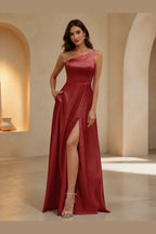 Chic One-Shoulder A-Line Floor-Length Golden Yellow Wedding Guest Dress