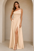 Chic One-Shoulder A-Line Floor-Length Golden Yellow Wedding Guest Dress