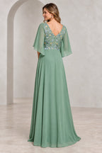Back view of sage green Mother of the Bride Dress with floral embroidery, cape sleeves and V-back