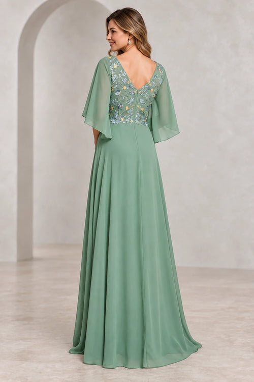 Back view of sage green Mother of the Bride Dress with floral embroidery, cape sleeves and V-back