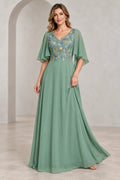Sage green A-line Mother of the Bride Dress with floral embroidered V-neck bodice and cape sleeves