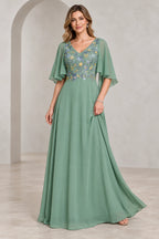 Sage green A-line Mother of the Bride Dress with floral embroidered V-neck bodice and cape sleeves