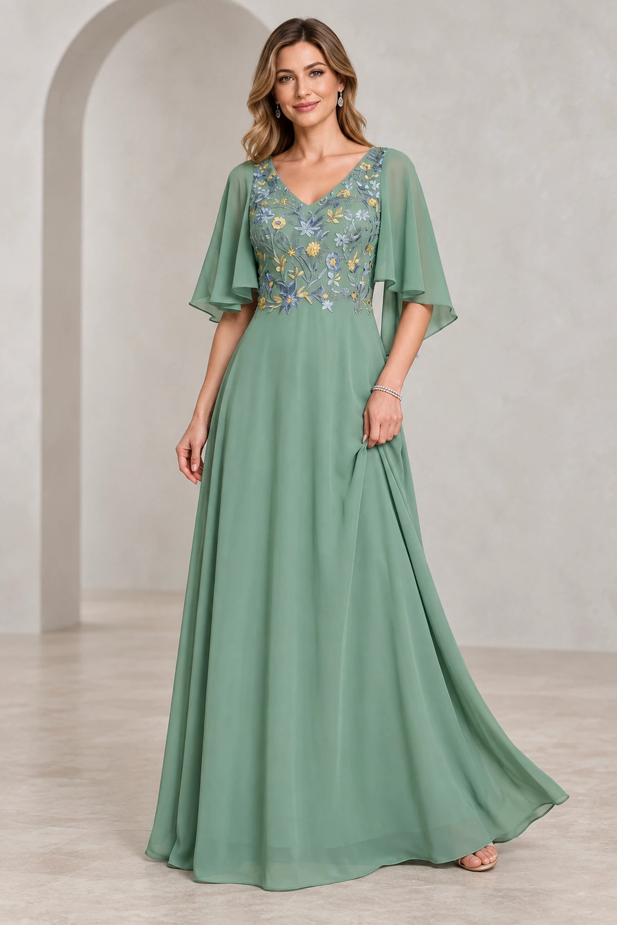 Sage green A-line Mother of the Bride Dress with floral embroidered V-neck bodice and cape sleeves