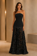 Black strapless A-line prom dress with 3D appliqué sheer floor length skirt