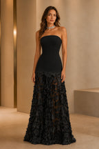 Black strapless A-line prom dress with 3D appliqué sheer floor length skirt