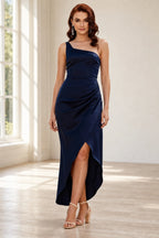 Chic Satin Sheath Asymmetric-Neck Sleeveless High-Low Wedding Guest Dress