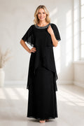 Black A-line mother of the bride dress with beaded jewel neckline, cape sleeves and layered chiffon by GraceProm