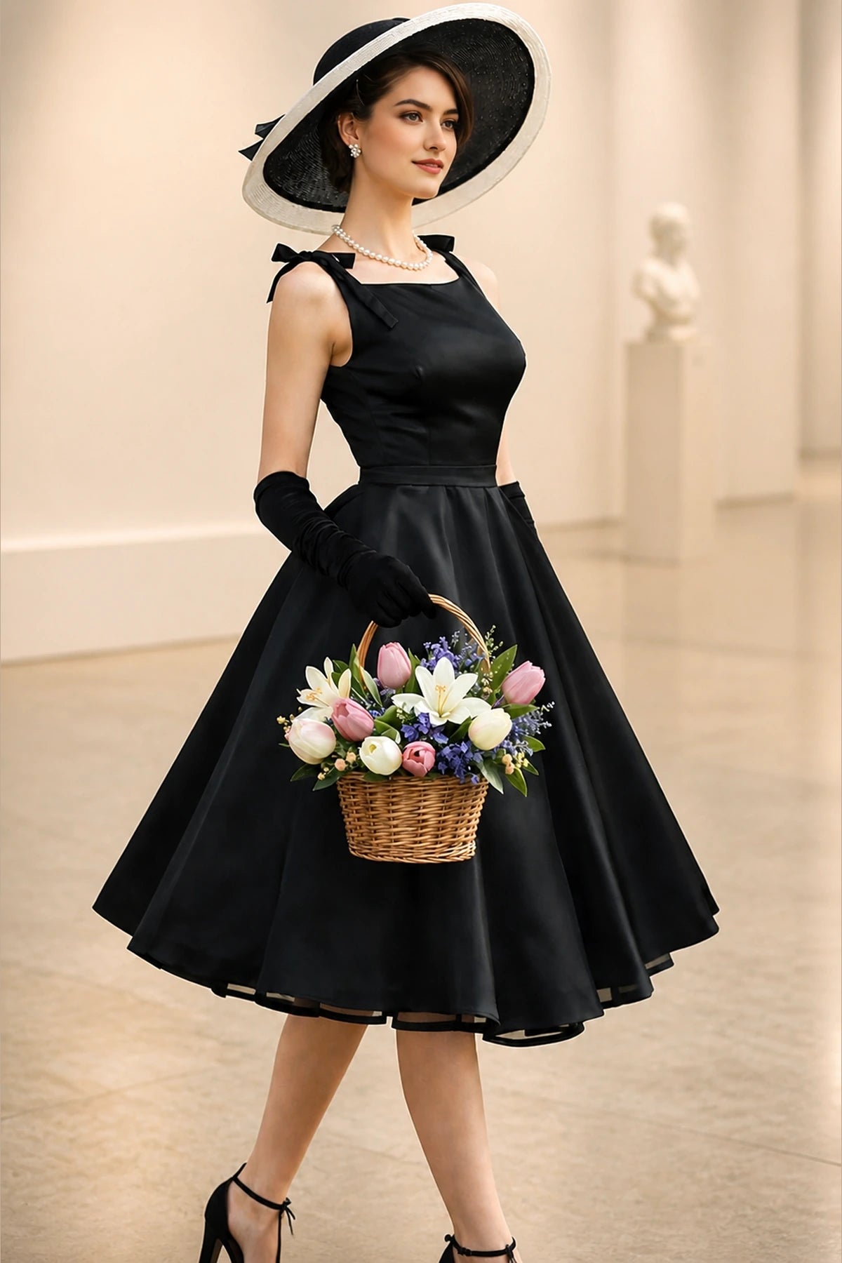 Black square neck bow strap tea length A-line wedding guest dress