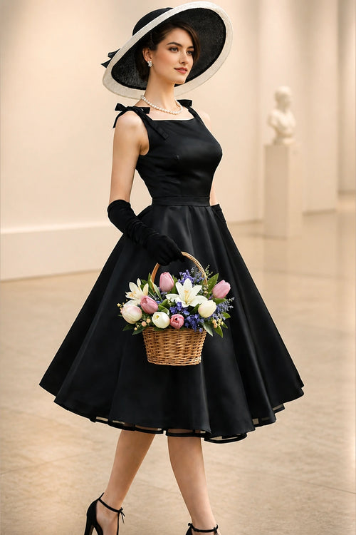 Black square neck bow strap tea length A-line wedding guest dress