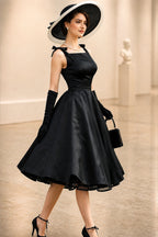 Vintage A-Line Square Neck Bow Strap Tea Length Wedding Guest Dress