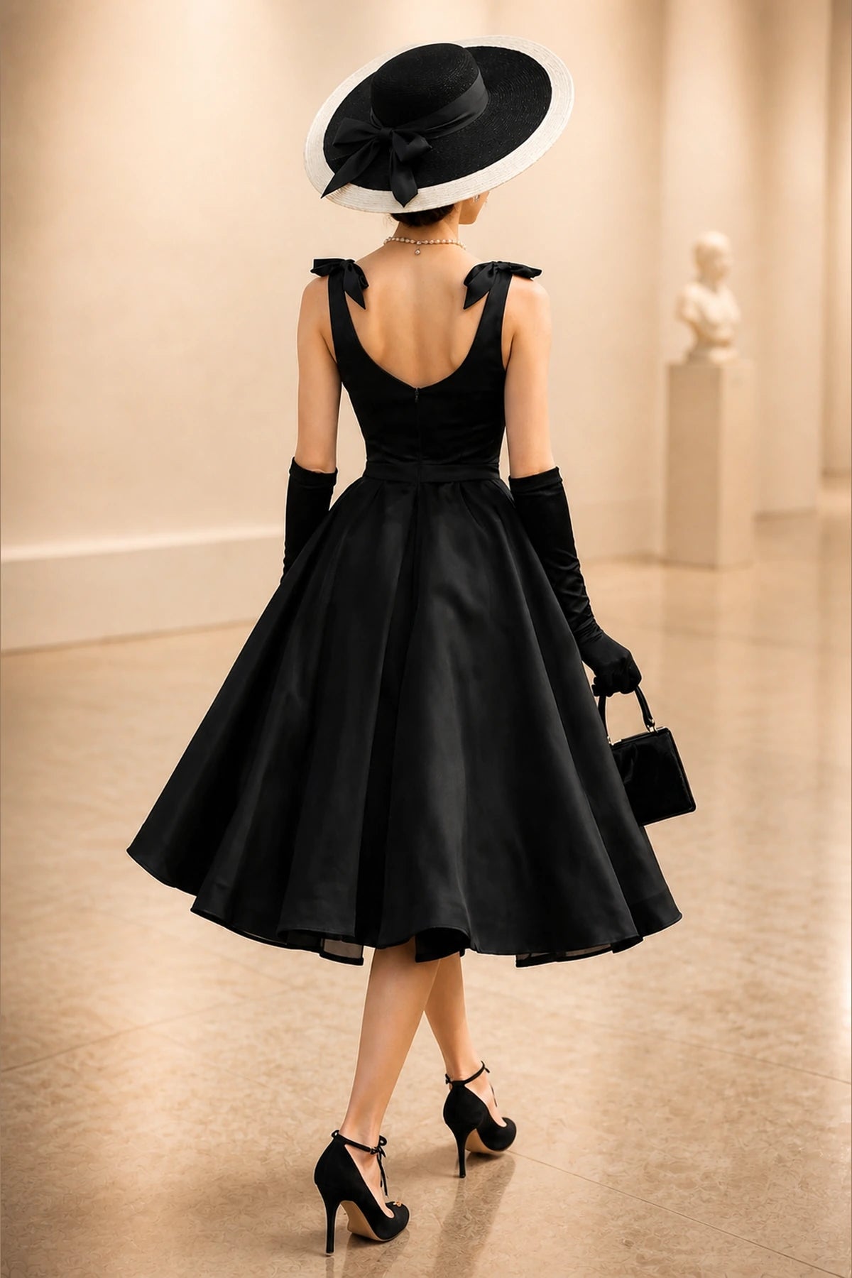 Back view of black bow strap scoop back tea length wedding guest dress