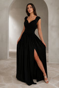 Black V-neck lace cap sleeve floor length wedding guest dress with slit