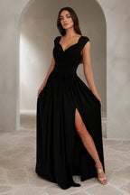 Black V-neck lace cap sleeve floor length wedding guest dress with slit
