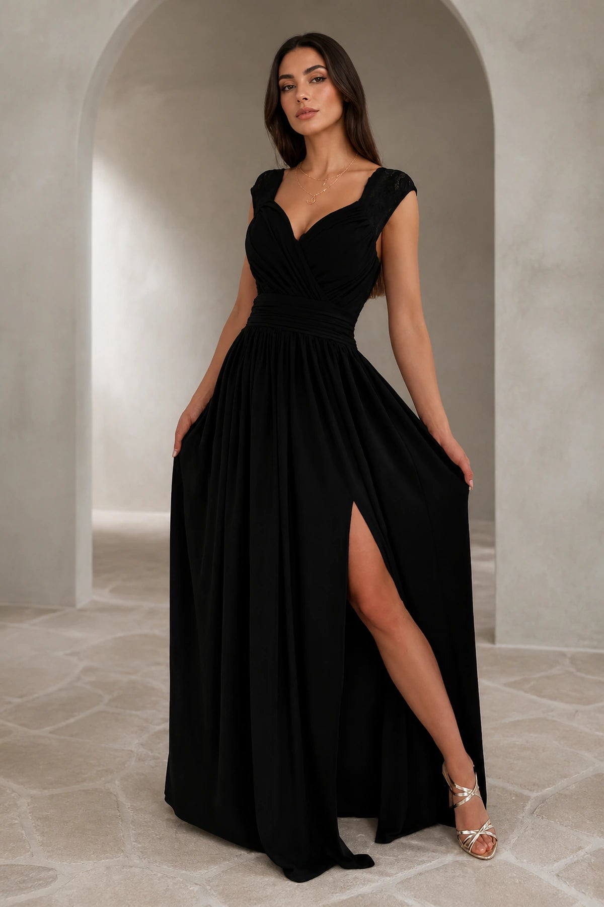 Black V-neck lace cap sleeve floor length wedding guest dress with slit