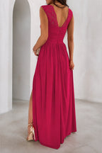 Sophisticated A-Line V Neck Lace Cap Sleeve Floor Length Wedding Guest Dress