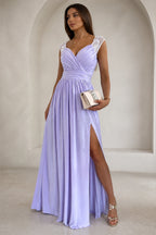 Sophisticated A-Line V Neck Lace Cap Sleeve Floor Length Wedding Guest Dress
