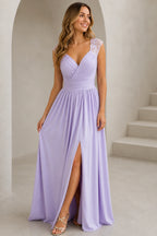 Sophisticated A-Line V Neck Lace Cap Sleeve Floor Length Wedding Guest Dress