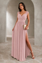Sophisticated A-Line V Neck Lace Cap Sleeve Floor Length Wedding Guest Dress