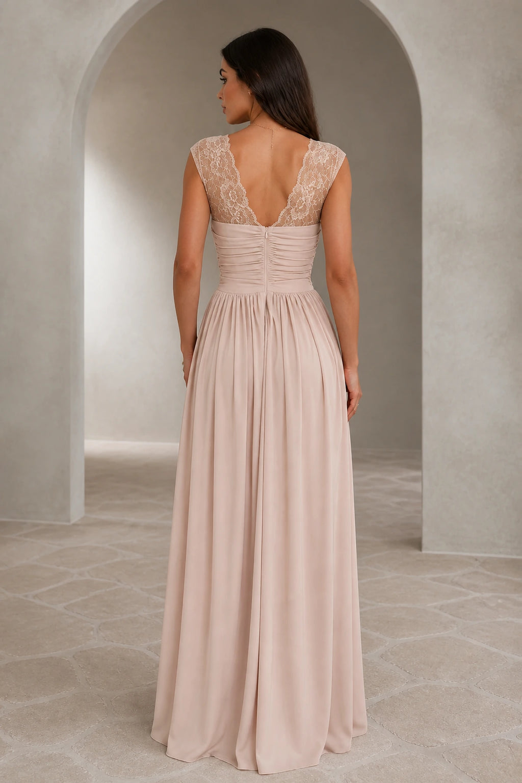Sophisticated A-Line V Neck Lace Cap Sleeve Floor Length Wedding Guest Dress