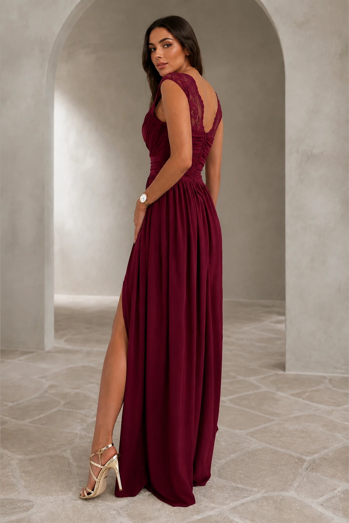 Sophisticated A-Line V Neck Lace Cap Sleeve Floor Length Wedding Guest Dress