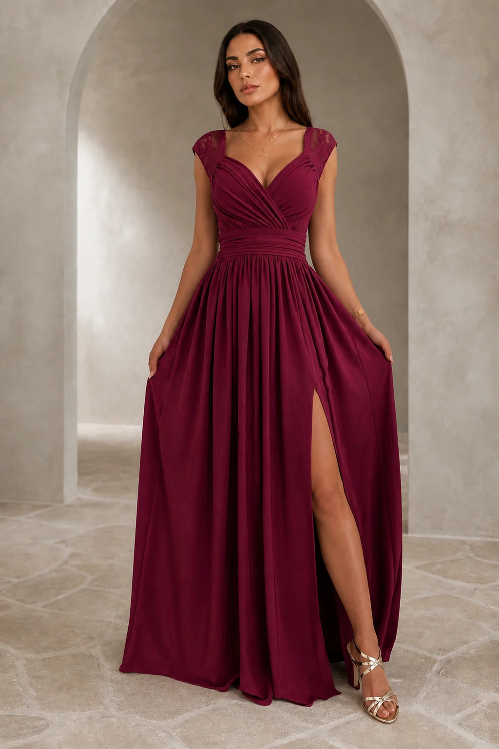 Sophisticated A-Line V Neck Lace Cap Sleeve Floor Length Wedding Guest Dress