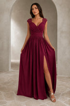 Sophisticated A-Line V Neck Lace Cap Sleeve Floor Length Wedding Guest Dress