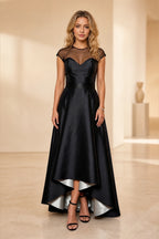 Graceprom black satin a-line prom dress, illusion mesh neck cap sleeve high low formal gown front view