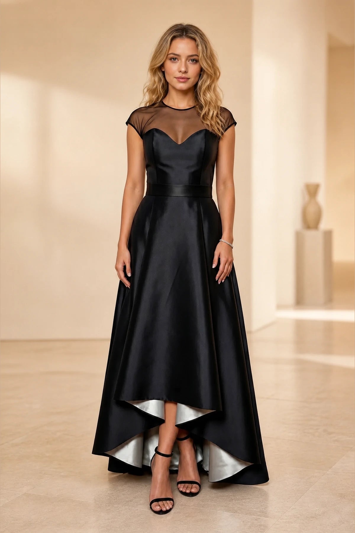 Graceprom black satin a-line prom dress, illusion mesh neck cap sleeve high low formal gown front view